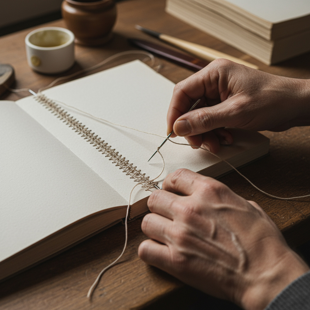 Artisanal bookbinding close-up sewing a book spine