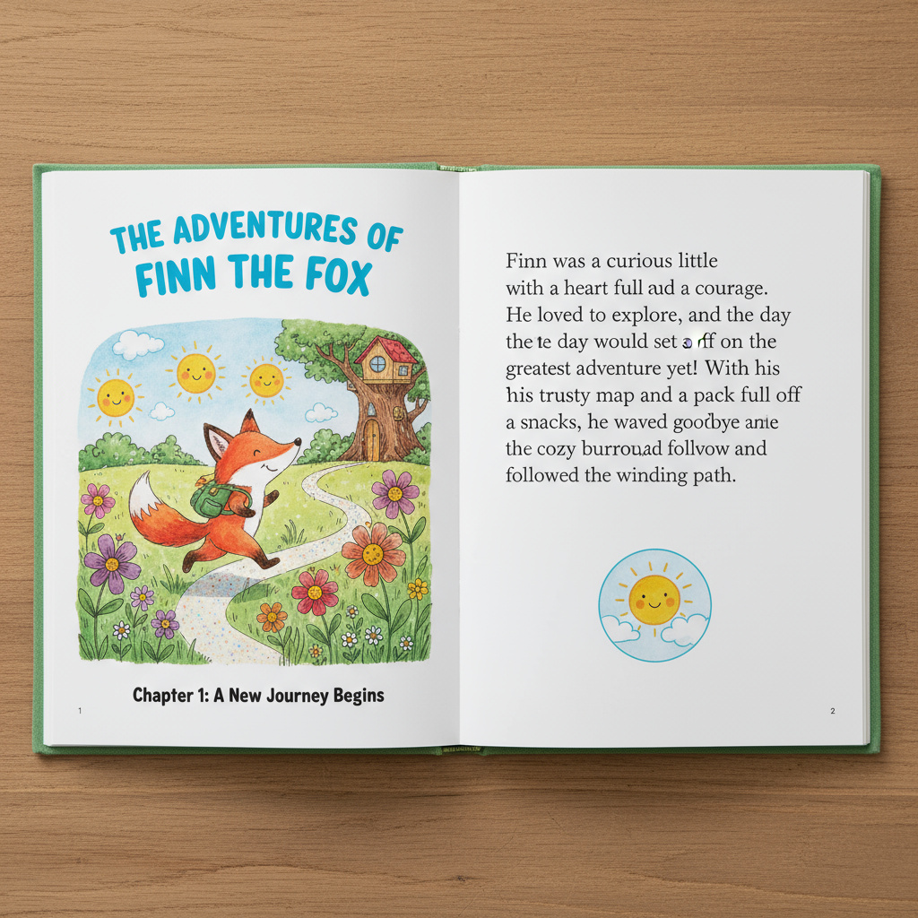 Illustrated sample page with child-friendly artwork