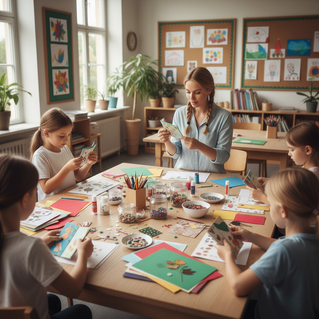 Children making simple handmade books with an instructor